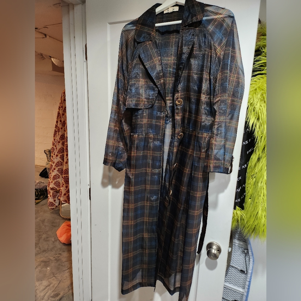 Plaid Long Trench Coat ANTHROPOLOGIE